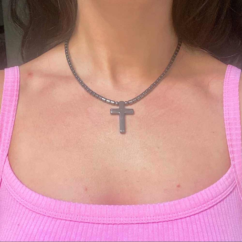 Vintage 90s Beaded Cross Choker Necklace